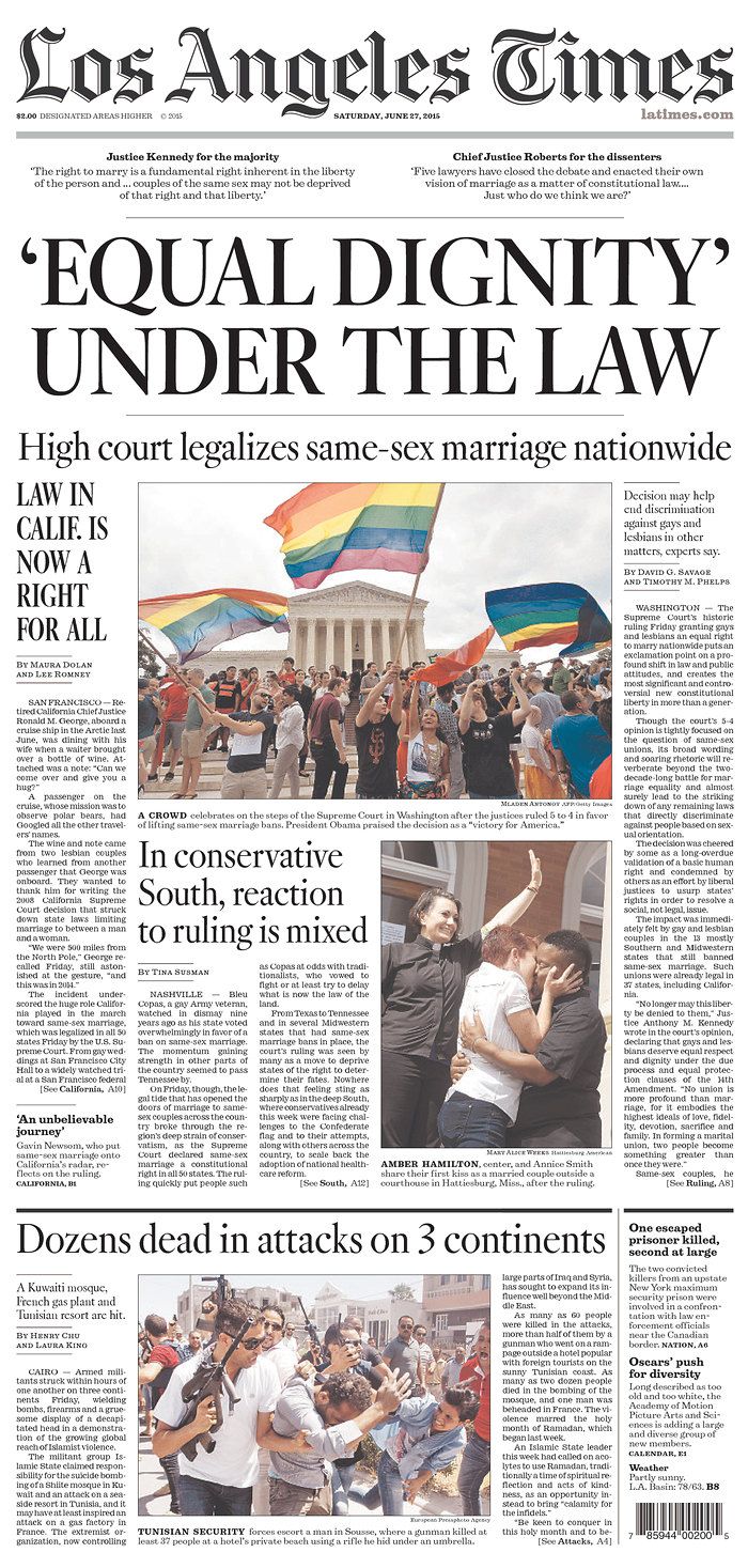 an article in the los angeles times about equal rights and gayness, with images of people