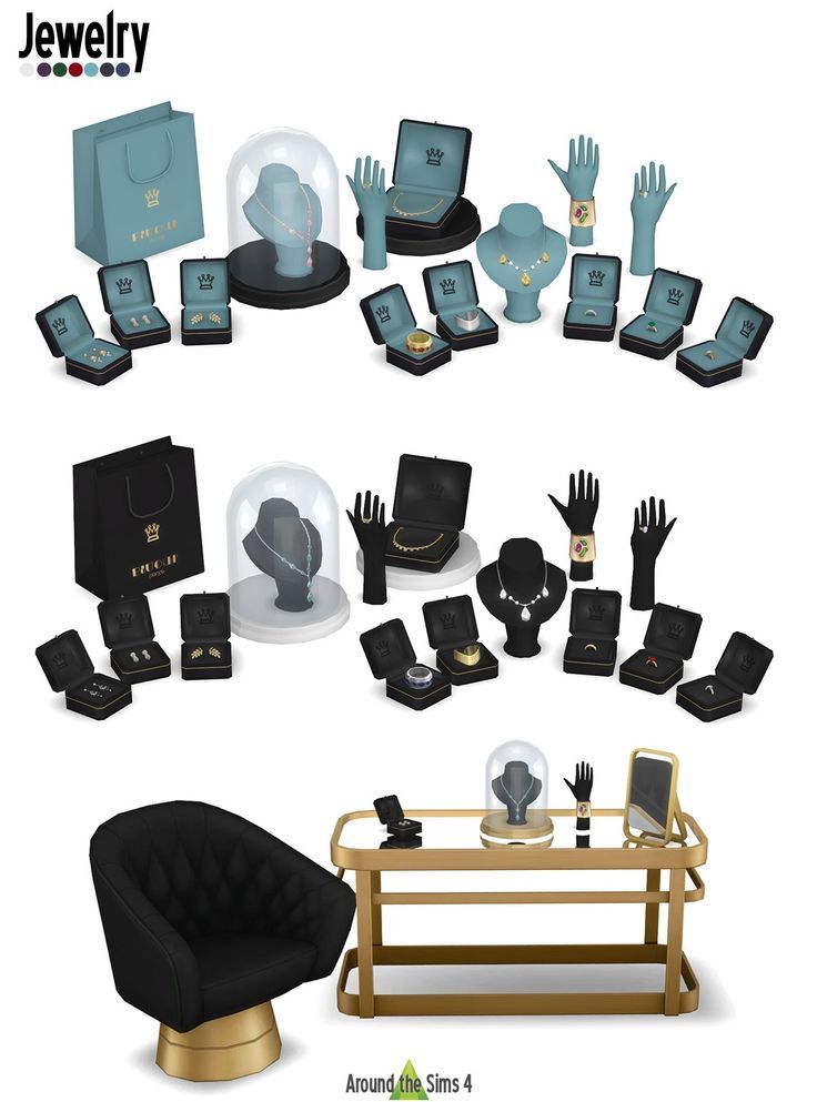 an assortment of jewelry is displayed on a white background with gold accents and black furniture