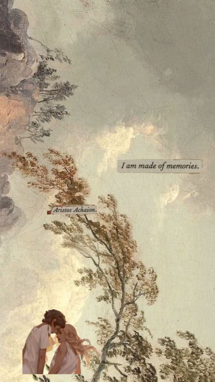 two people kissing in front of a painting with words on it that say i am made of memories