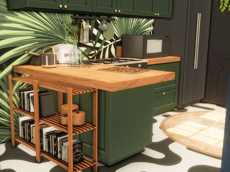 a kitchen with green cabinets and an island in the middle, surrounded by palm leaves