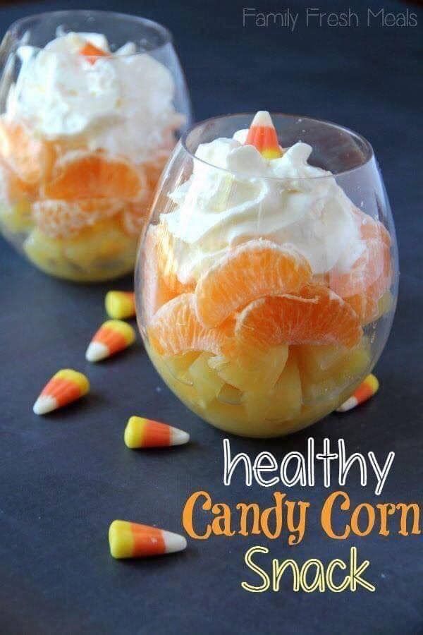 healthy candy corn snack with oranges and marshmallows