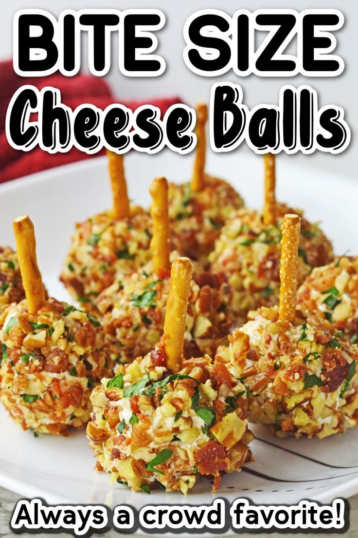 there are some appetizers on the plate with text overlay that says bite size cheese balls always a crowd favorite