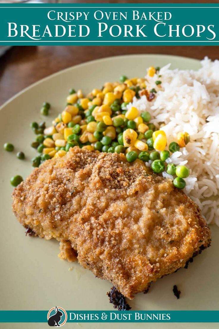 crispy oven baked breaded pork chops with rice and peas on a plate