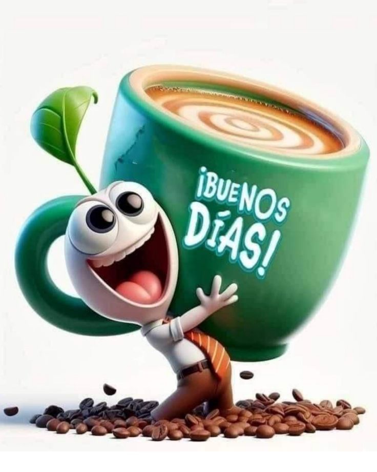 a cartoon character holding a coffee cup with the words ibeunos dias written on it