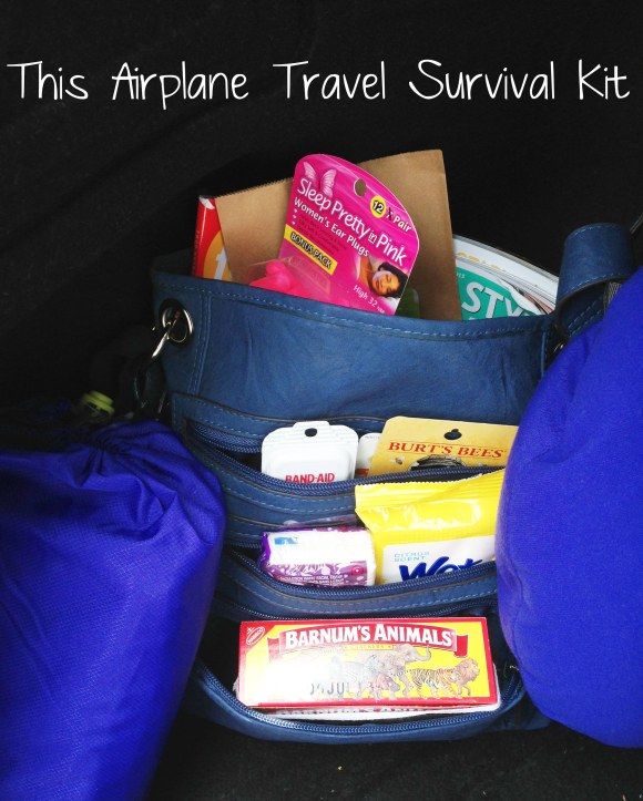 an airplane travel survival kit is packed in a blue bag with the words, this airline travel survival kit