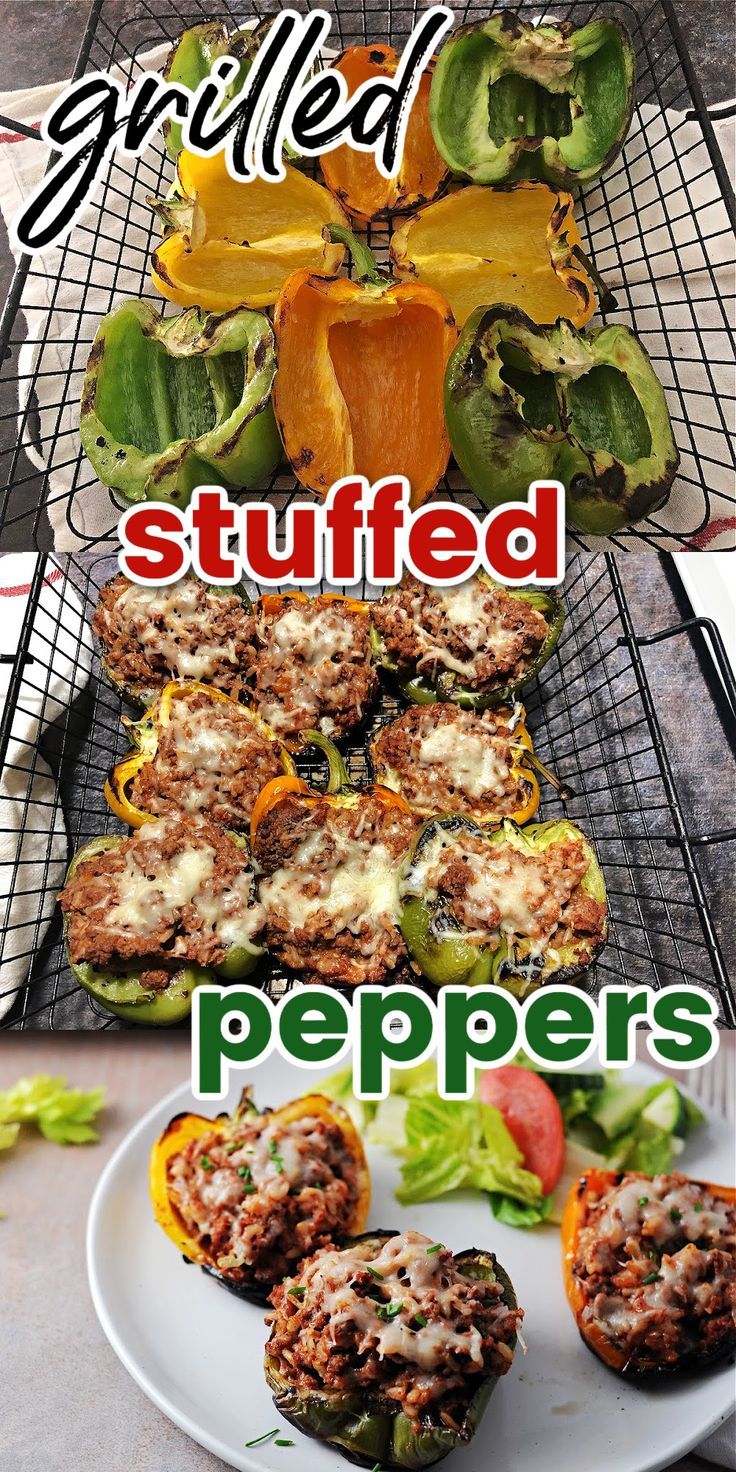 3 views: grilled peppers unstuffed, stuffed and cooked in grill basket, and served on a plate with salad. Stuffed Bell Peppers On Traeger, Stuffed Bell Peppers On The Grill, Stuffed Peppers On Grill, Stuffed Peppers Grilled, Bbq Stuffed Peppers, Grilled Stuffed Bell Peppers, Stuffed Peppers On The Grill, Grilled Peppers Recipe, Peppers On The Grill