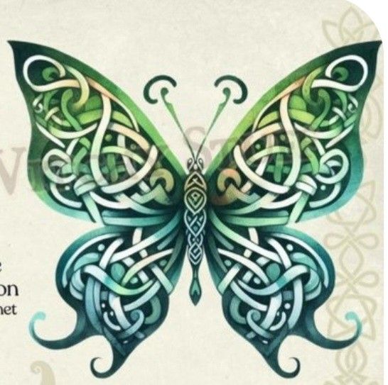 a butterfly with celtic designs on it's wings and the words, love is in the