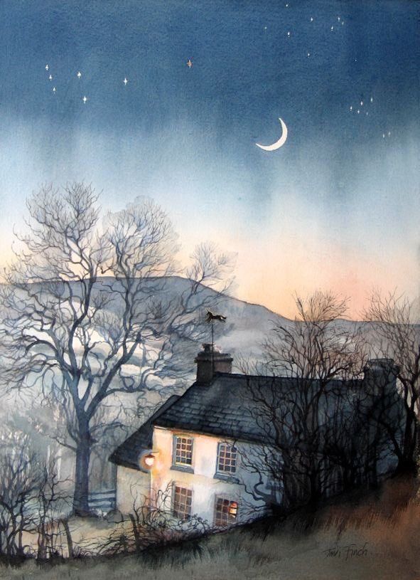 a painting of a house and tree with the moon in the sky