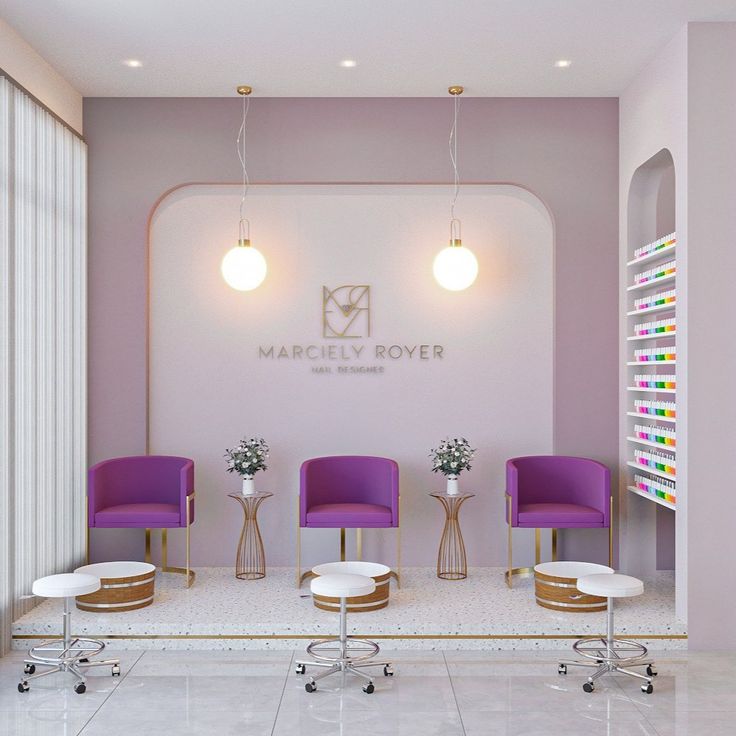 the interior of a nail salon with purple chairs and round tables in front of it