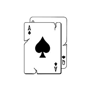 two playing cards with spades and hearts drawn on the front, in black and white