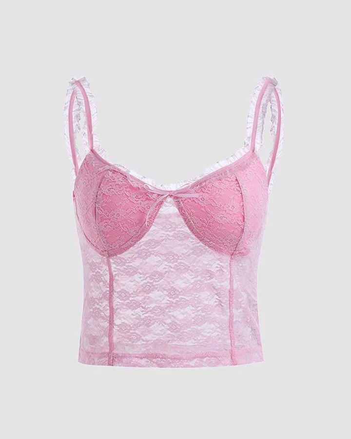 Pink Rose Lace Camisole | CHACHA - CHACHA Crop Tops Aesthetic, Y2k Fashion Trends, Lace Decorations, Pink Lace Cami, Clueless Fashion, Chic Y2k, 90s Y2k Fashion, 90s Hip Hop Fashion, Womens Windbreaker