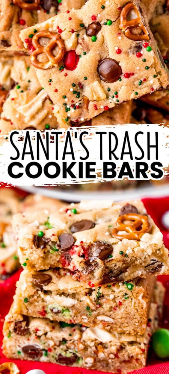 santa's trash cookie bars stacked on top of each other