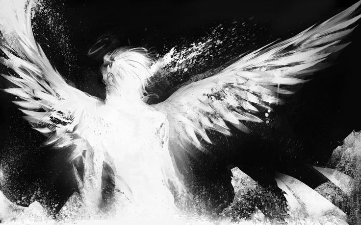 a black and white photo of an angel with its wings spread out in the air