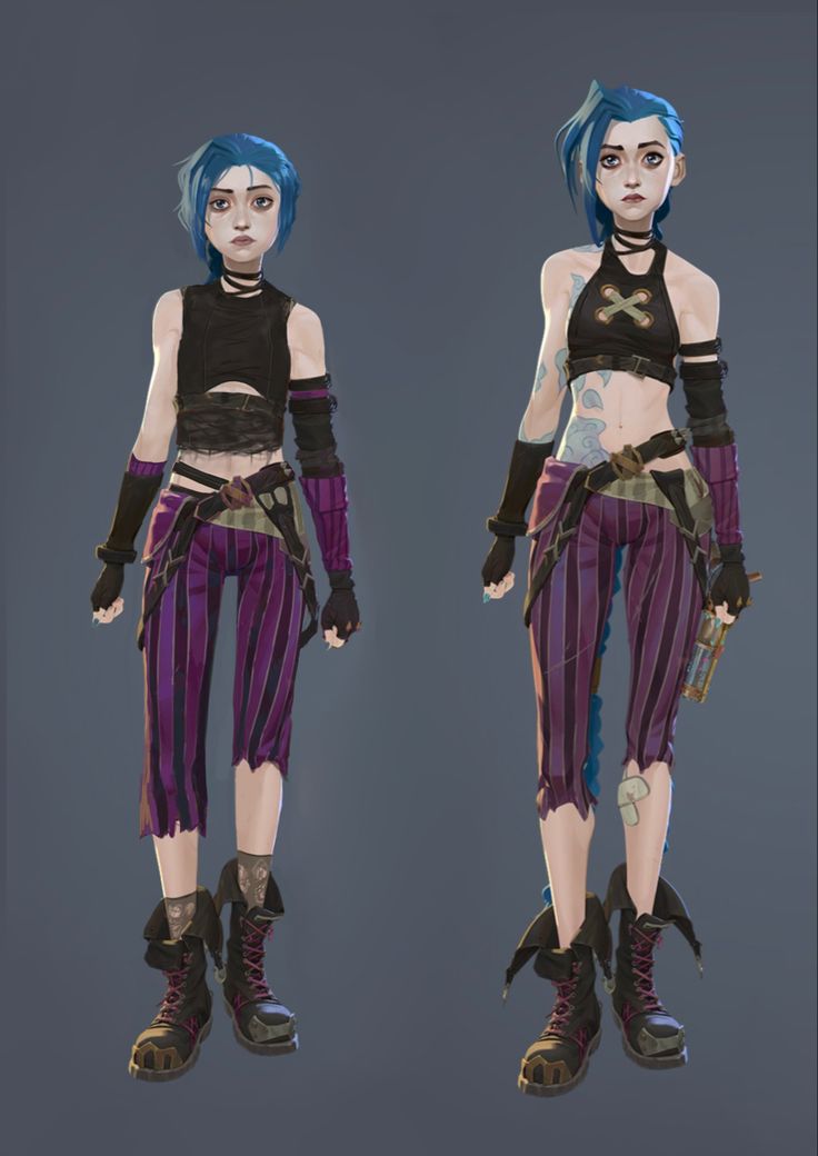 two renderings of a woman with blue hair and purple pants, one is wearing black boots