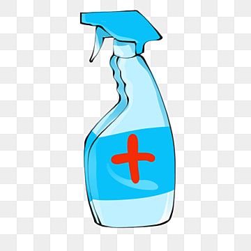 a blue bottle with a red cross on it, and a sprayer in the middle