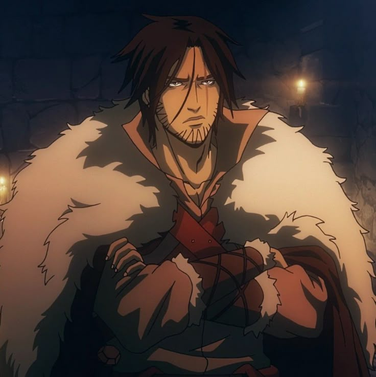 an anime character standing in the dark with his arms crossed and eyes closed, wearing a fur coat