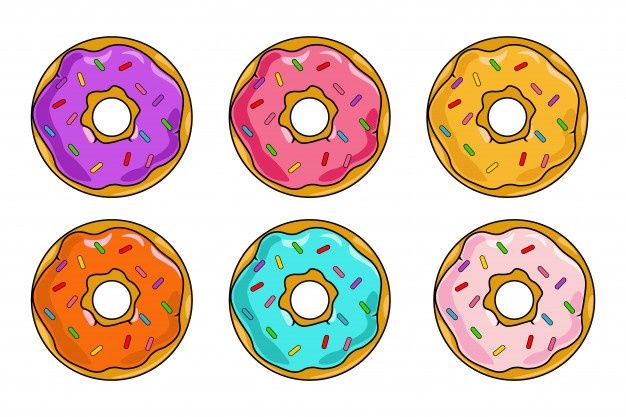 four donuts with different colored frosting and sprinkles in the middle