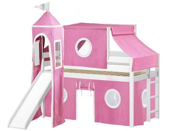 a child's bed with a pink tent and slide