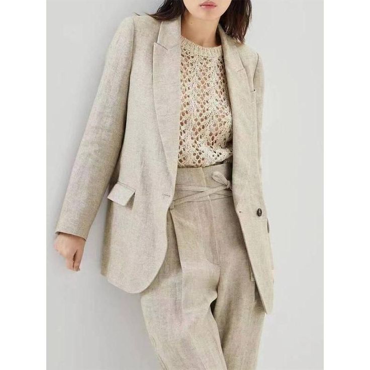 Discover Timeless Elegance and Comfort Step into a world of sophistication and style with our Elegant Cotton Linen Women's Blazer and Pants Set. Designed for the modern woman, this ensemble is the epitome of elegance and practicality, making it perfect for both office and casual wear. Whether you're heading to a business meeting or a casual brunch, this set ensures you look effortlessly chic. Exceptional Features Our set stands out with its high-quality cotton linen fabric, ensuring both comfort and durability. The single-button, straight notched long sleeve blazer paired with lace-up long pants offers a flattering and versatile look. The pants feature a high waist and regular fit, providing a comfortable yet stylish silhouette. When to Wear? Ideal for the autumn and winter seasons, this s Linen Suits Women, Cardigan Sweater Vest, Linen Suit, Cotton Linen Fabric, Sport Chic, Perfect Wardrobe, Business Meeting, Long Sleeve Blazers, Linen Women