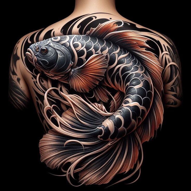 a man's back with tattoos on his body and a fish in the water