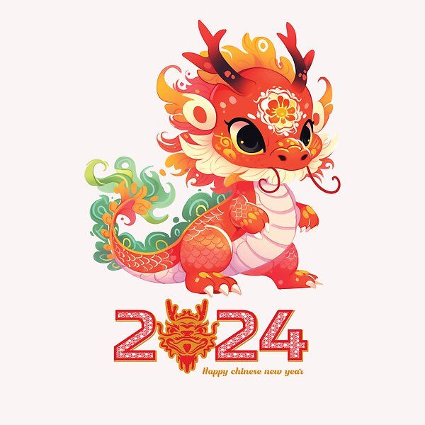 a red dragon sitting on top of a white background with the year of the dragon