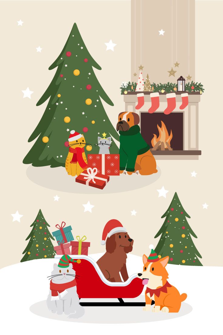 a dog sitting in front of a christmas tree with presents on the ground and another dog laying down next to it