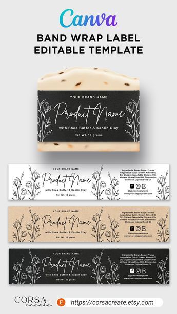 three different types of handmade labels with the words, band wrap label edittableable template