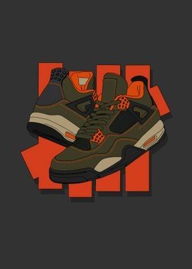 a pair of sneakers with an orange and black background