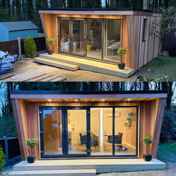 two pictures side by side showing the inside and outside of a small house with sliding glass doors