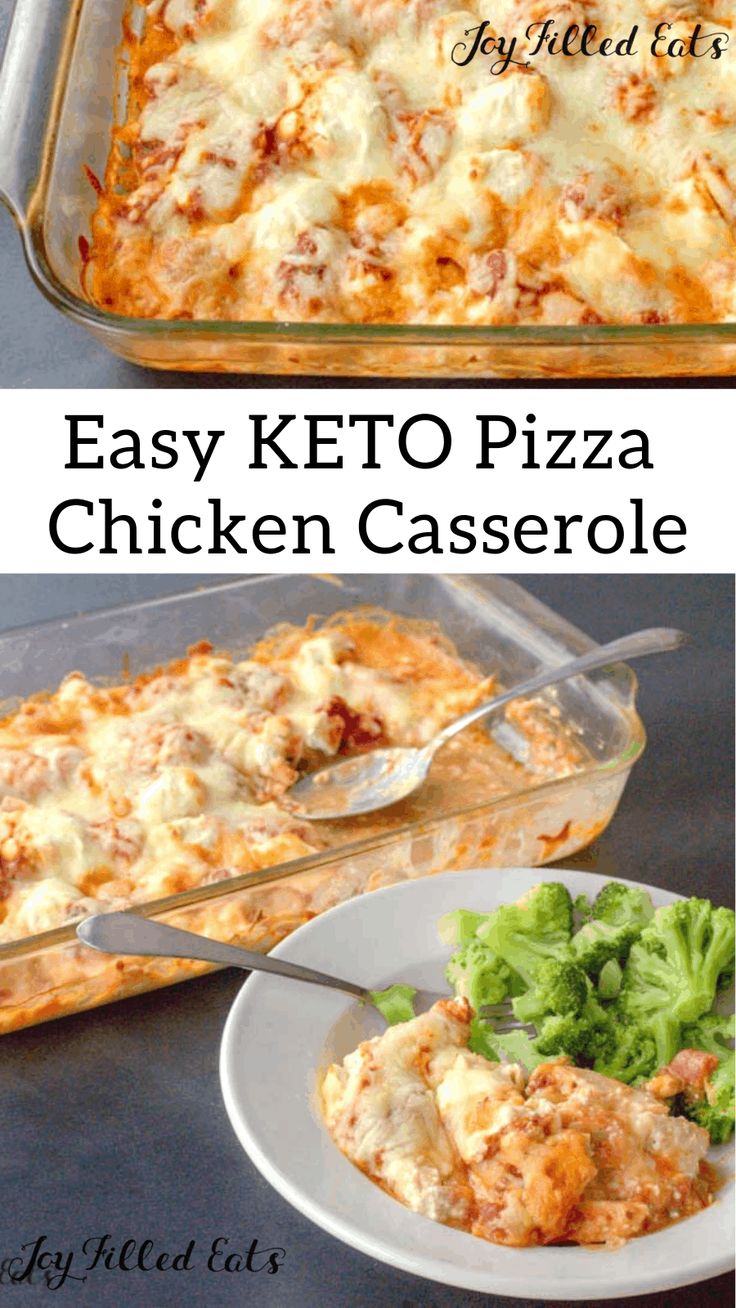 easy keto pizza chicken casserole with broccoli and cheese on the side