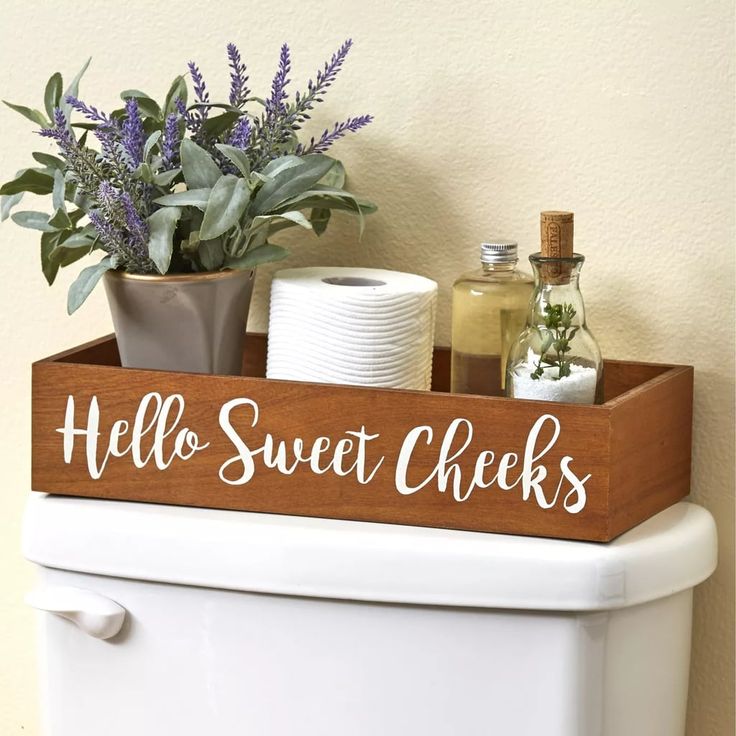 a wooden sign that says hello sweet cheeks sitting on top of a white toilet next to a potted plant