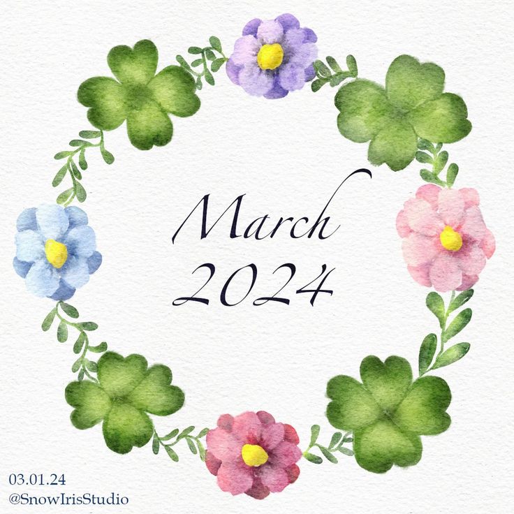 watercolor flowers are arranged in a circle with the words march 22 and 24 on it