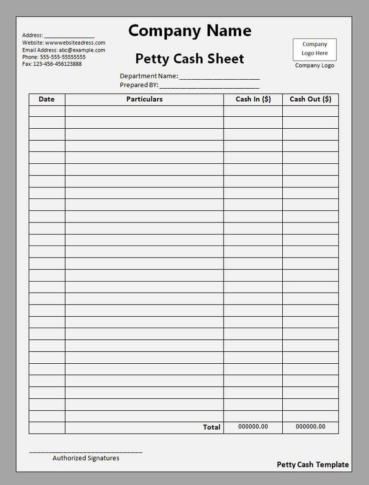 a printable petty cash sheet is shown in this image, with the company's name