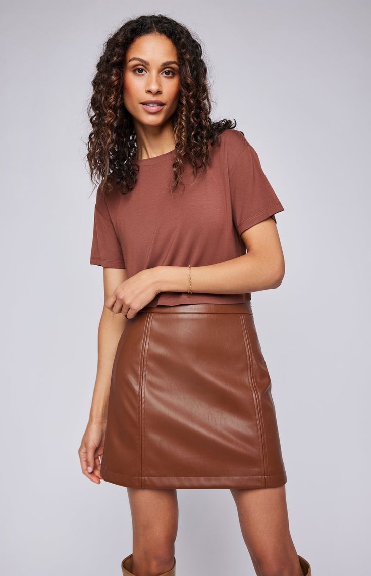 The Chrissy skirt is made of a soft faux leatherette and is fully lined for ease of wear. Features inclulde topstitching details and side seam invisible zipper. Wardrobe Colour, Gentle Fawn, Pullover Cardigan, Long Midi Dress, Leggings Sale, Sleeveless Sweater, Sweater Blouse, Scarf Hairstyles, Tops For Leggings