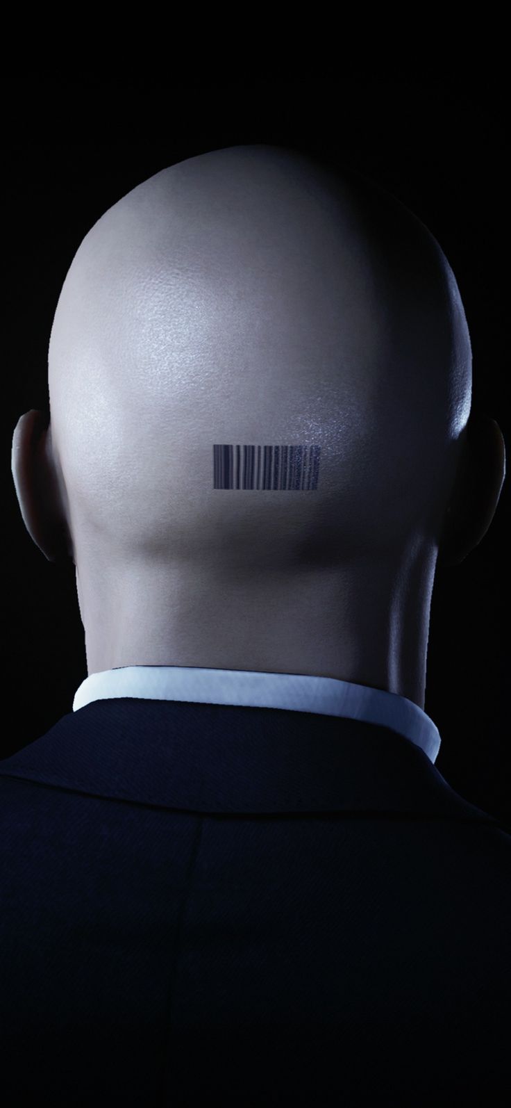 the back of a man's head with a barcode on it