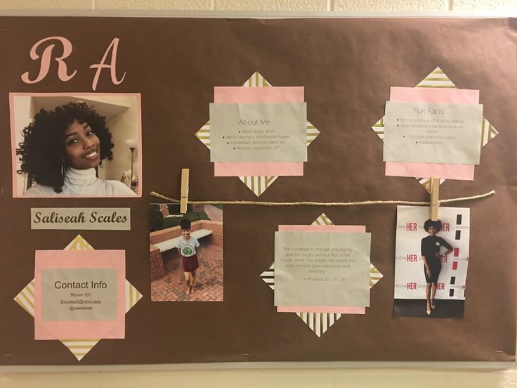 a bulletin board with pictures and notes attached to the wall, along with clothes pins