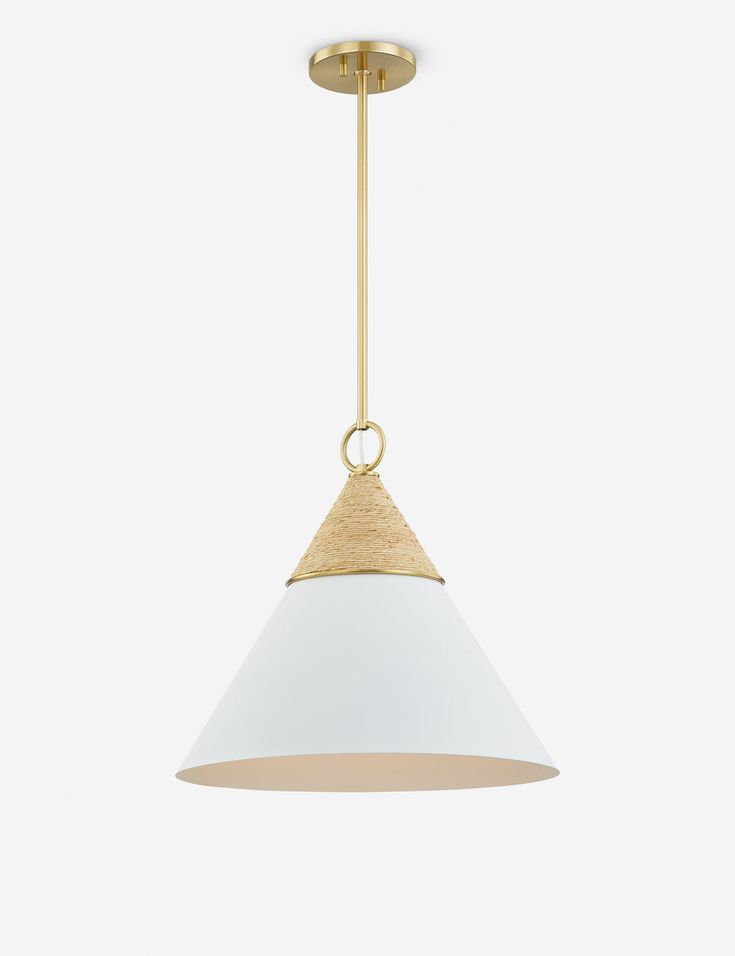 a white and gold light hanging from a ceiling fixture with a wooden cone on the top