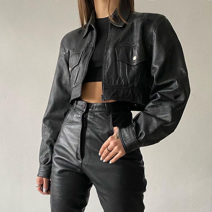 Black Short Leather Jacket, Female Leather Outfit, Badass Outfits For Women Mafia, Leather Jacket Drawing Reference, Spy Outfit Women, Short Womens Jacket, Women Biker Outfits, Motorcycle Outfits For Women, Women Black Leather Jacket