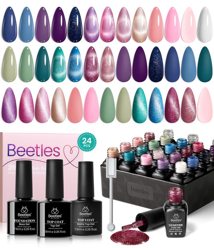 PRICES MAY VARY. 【Make Fun with Beetles Nail Art Set】20 x Mini Floral Verses Gel Nail Polish Colors (0.17oz/5ml each bottle) + 3 x No Wipe Base and Glossy & Matte Top Coat (0.25oz/7.5ml each bottle). This “Floral Verses” Collection includes 20 colors, beautiful shades of gel polish with a magnet and 3pcs glossy & matte top coat and base coat. Tips: Place the magnetic stick over the surface about 3-5mm for 5-10 secs to get your desired effect! 【Long-Lasting Shine】Beetles magnetic gel nail polish Nail Polish Blue, Beetles Gel Polish, Glitter Gel Nail Polish, Matte Gel, Gel Nail Polish Colors, Nail Polish Kit, Glitter Gel Polish, Pointed Nails, Nail Art Set