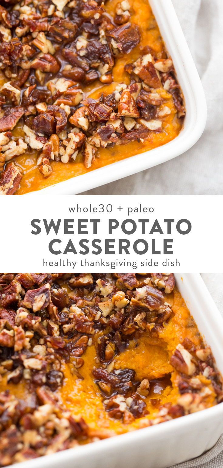 sweet potato casserole with pecans and bacon in a white dish on a table