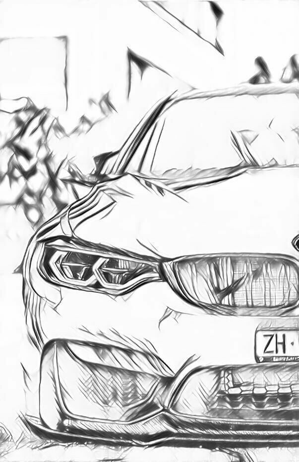 a drawing of a car is shown in black and white, with the hood up