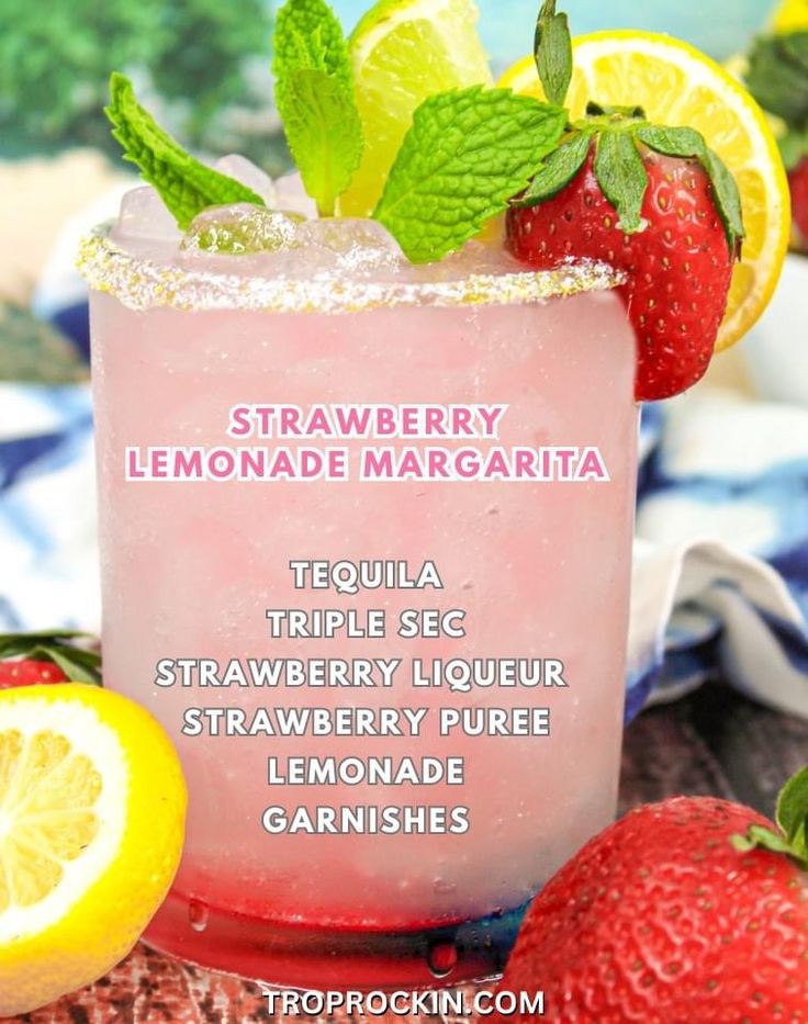 a strawberry lemonade margarita with limes and strawberries