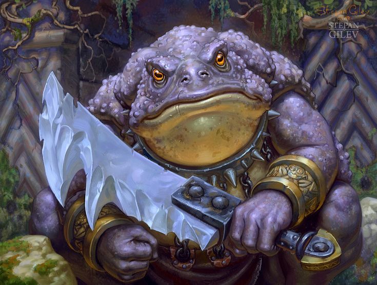 a painting of a frog holding a knife