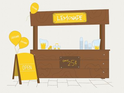 an open lemonade stand with yellow balloons