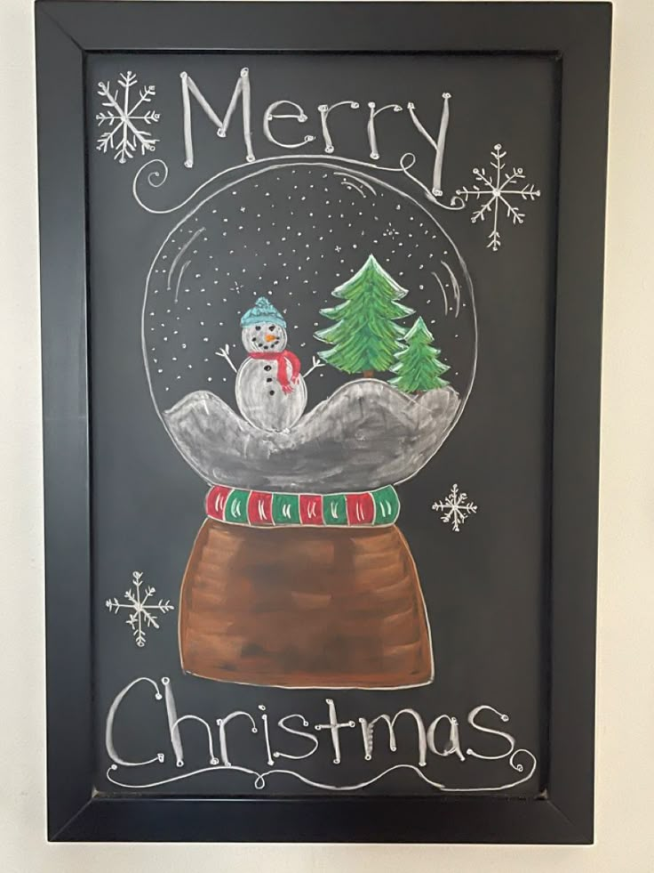 a chalkboard drawing of a snow globe with a snowman inside