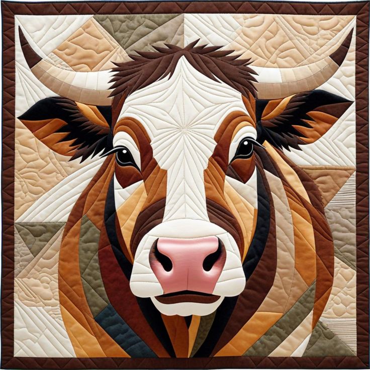 a close up of a cow's face on a quilt