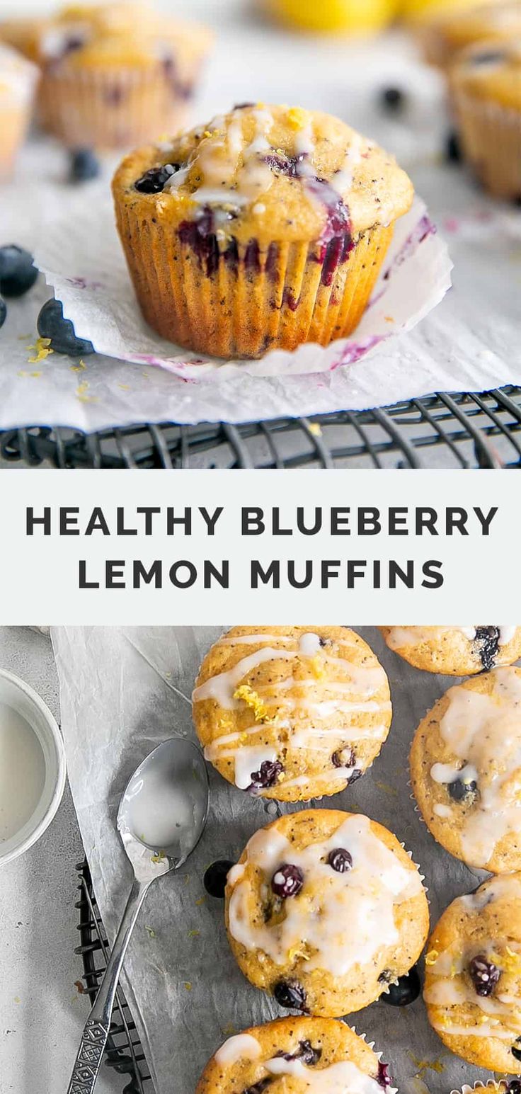 healthy blueberry lemon muffins on a cooling rack