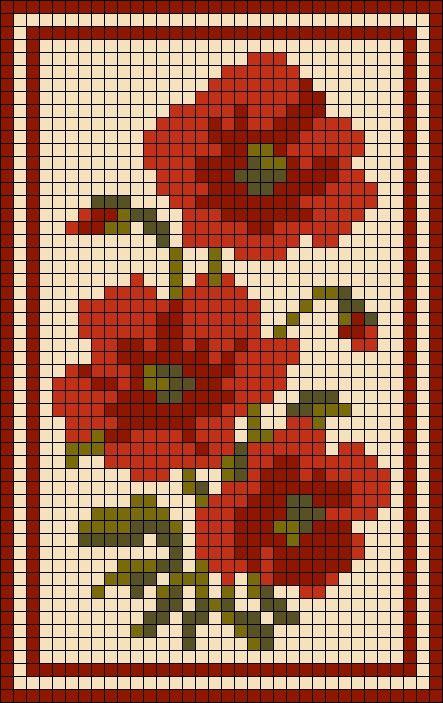 a cross stitch pattern with red flowers on it