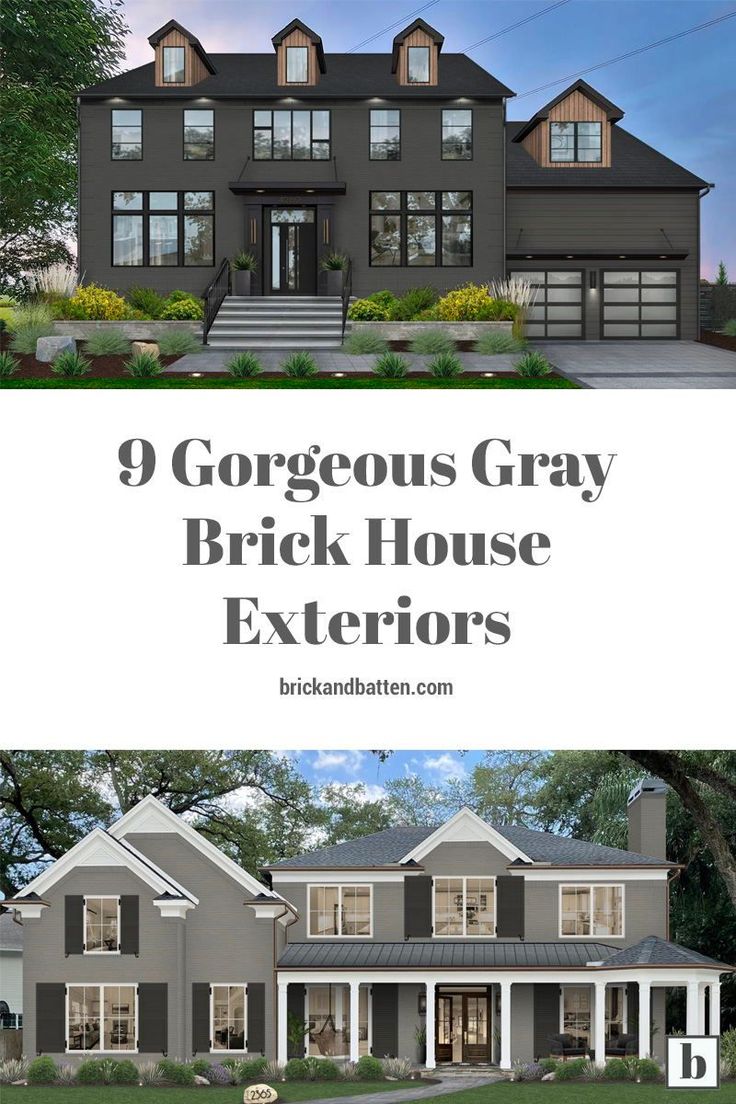 the front and back side of a house with text overlay that reads, 9 gorgeous gray brick house exteriors