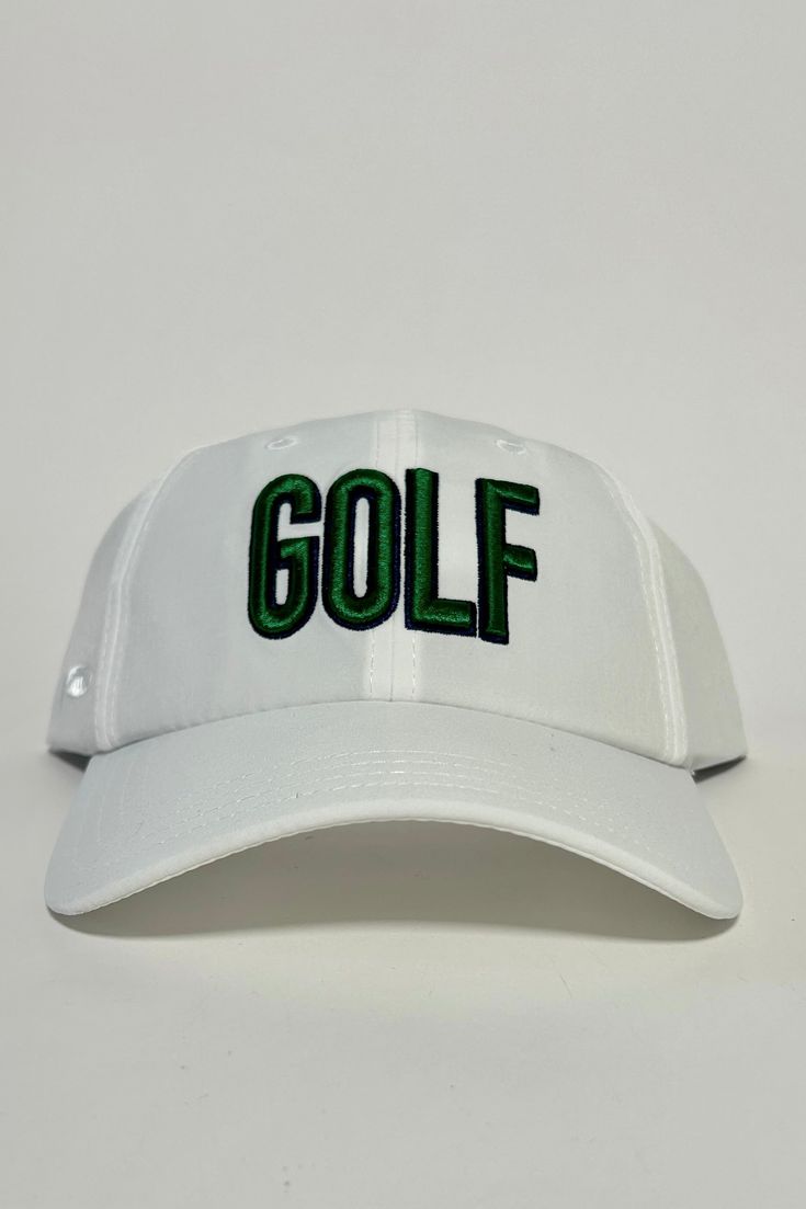 Golf Hat Color: White hat with Green+Navy text Performance Tri Tech Moisture Wicking Unique Four-Way Stretch Sweatband Pukka White Snapback Visor Hat With Letter Print, White Letter Print Snapback Visor Hat, White Letter Print Visor Snapback Hat, White Hats For Spring Sports Events, White Embroidered Logo Baseball Cap, White Sports Hat With Embroidered Logo, White Hats With Embroidered Logo For Sports Events, White Sporty Snapback Hat For Spring, White Trucker Hat With Letter Print Visor